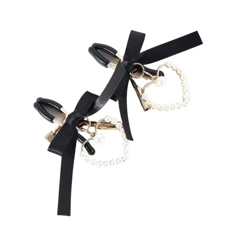 1PC Adjustable Nipple Clamps With Soft Non Slip Tips Black Bow And Pearl Heart Pendant Perfect For Intimate Couple Bedroom Play view 4
