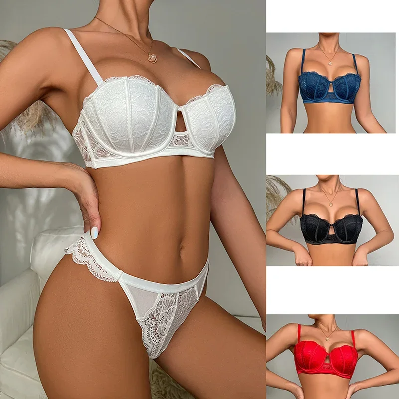 Sexy Lace Underwire Push Up Lingerie Contour Bra and Thong Sets for Women 1/2 Cup Gathering Chest Underwear Hollow Out Bralette