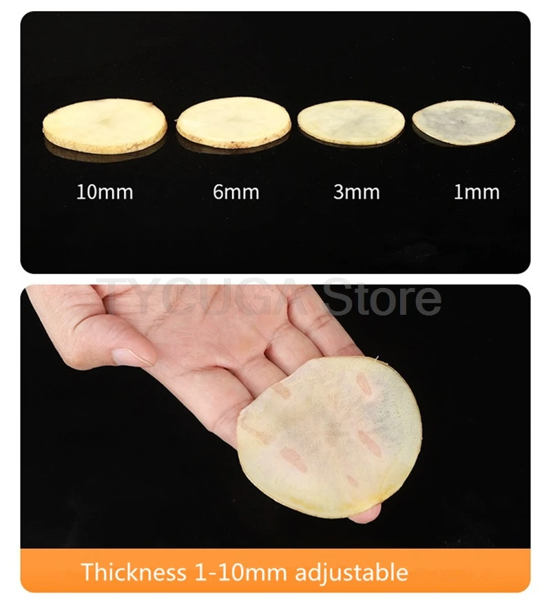 ماكينة تقطيع الفواكه والخضروات الأوتوماتيكية التجارية من الفولاذ المقاوم للصدأ ماكينة تقطيع الطعام الكهربائية بسمك قابل للتعديل 10S تقطيع سريع