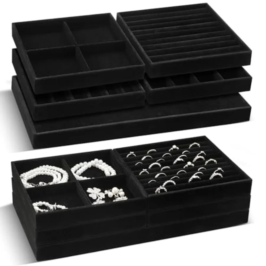 

Набор из 10 штабелируемых подносов-органайзеров для ювелирных изделий для ящика, 14-дюймовый бархатный ящик для ювелирных изделий, вставка для хранения со съемным Divi