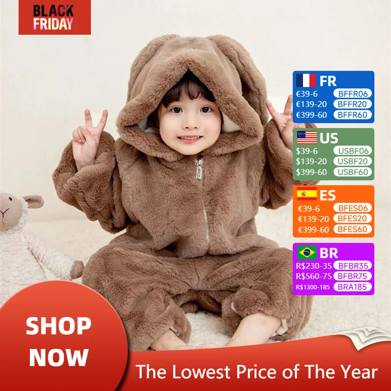 Newborn Lovely Bunny Baby Rompers Girls Clothes Long Eared Rabbit Kigurumis  Cosplay Jumpsuits Costume Zipper Hoodie Toddler