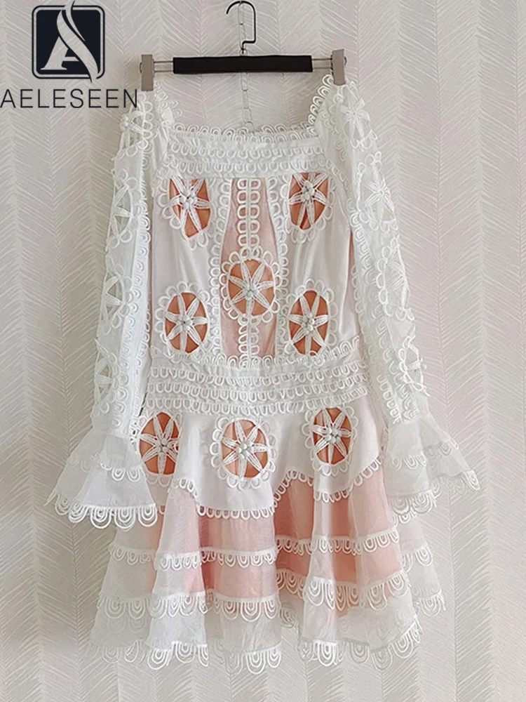 

AELESEEN High Quality Elegant Dress Women Design New Pink White Flare Sleeve Hollow Out Embroidery Ladies Fashion Party