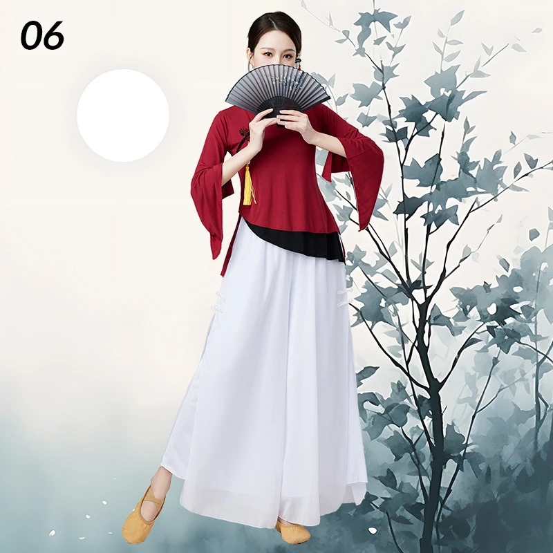 Chinese Ethnic Style Women's Dance Outfit Set Square Dance Retro Modal Flared Sleeve Top Chiffon Pant Classical Dance Costume