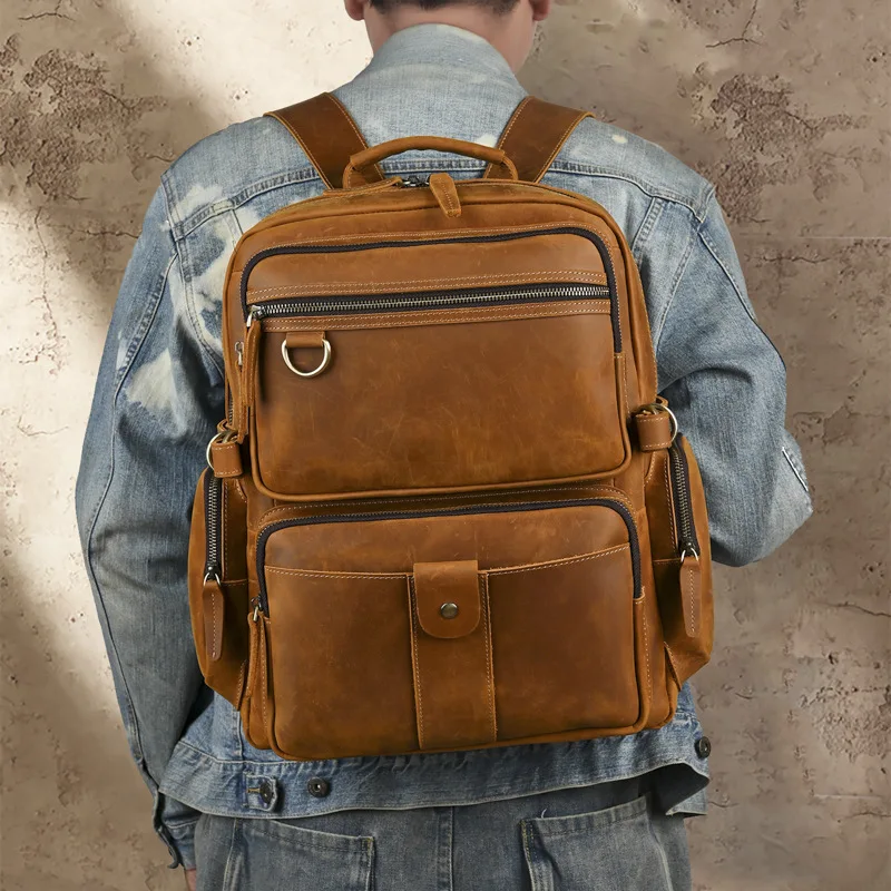 Crazy Horse Leather Backpack Genuine Cowhide Laptop Backpack Multi-Pocket Large Capacity Casual Daypack Business Travel Rucksack