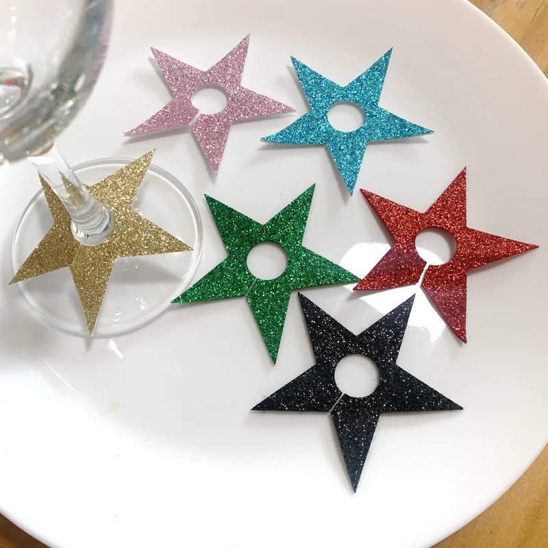 Star Glitter Felt Theme Wine Glass Charms, Happy New Year Goblet Tags, Drink Markers, Buckle Design, Festival, Home Decor, 12Pcs