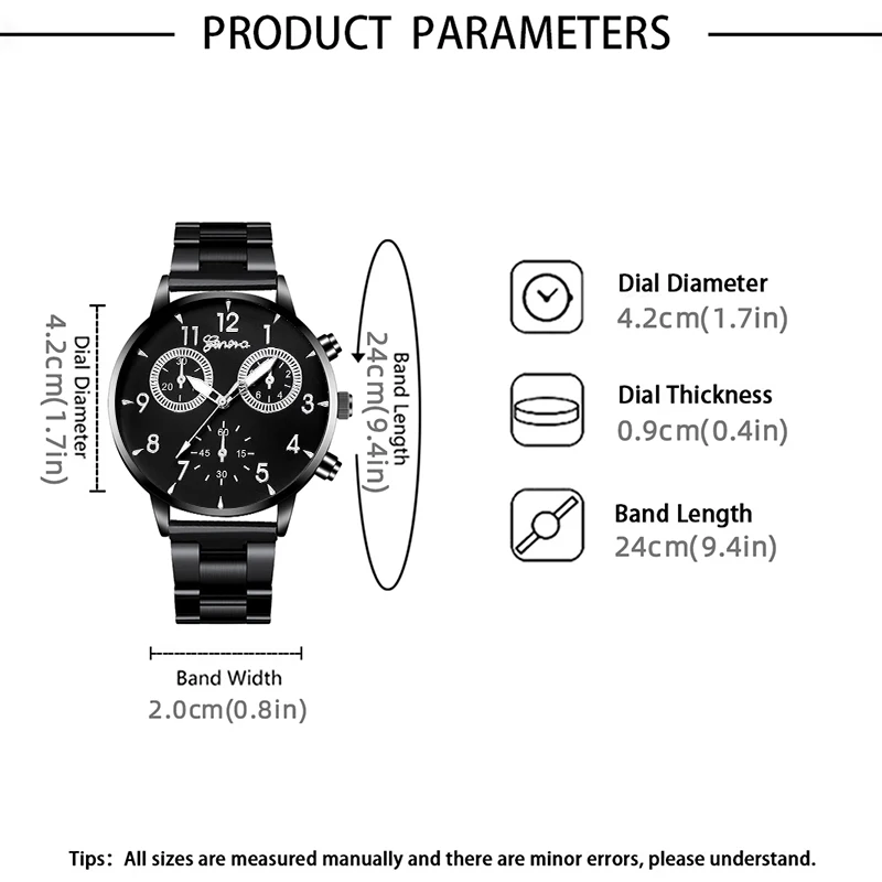 Jam tangan bisnis pria, arloji kasual gelang hitam liontin kalung Stainless Steel Quartz 3 buah