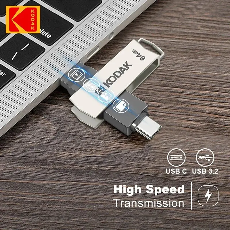 KODAK USB 플래시 드라이브, 3.2 A 타입 C 펜 드라이브, PC, 안드로이드, 스마트폰 메모리 스틱, 스토리지 U 디스크, 32GB, 64GB, 128GB