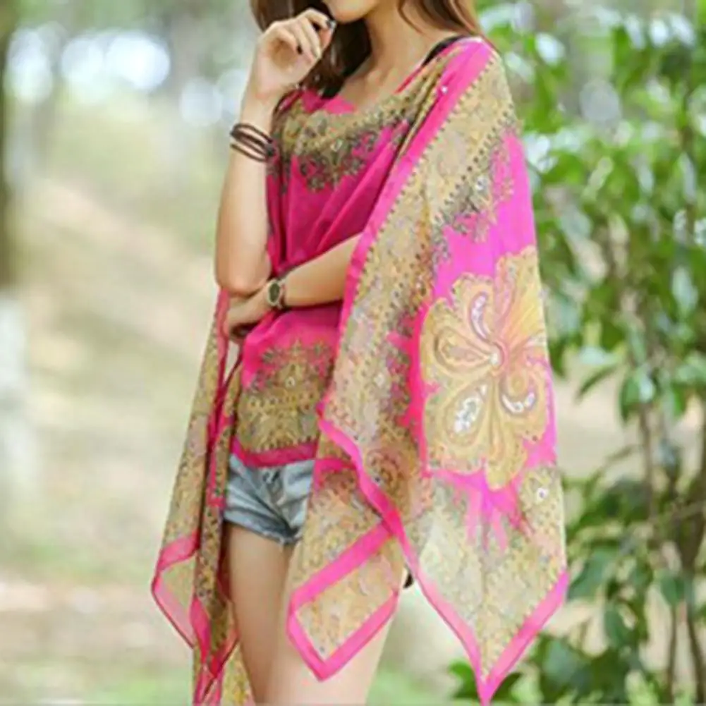 Women Chiffon Shawl Scarf Vintage Flower Print Sun Scarf Poncho Elegant Cover Up V Neck Anti UV Cashew Flower Scarf