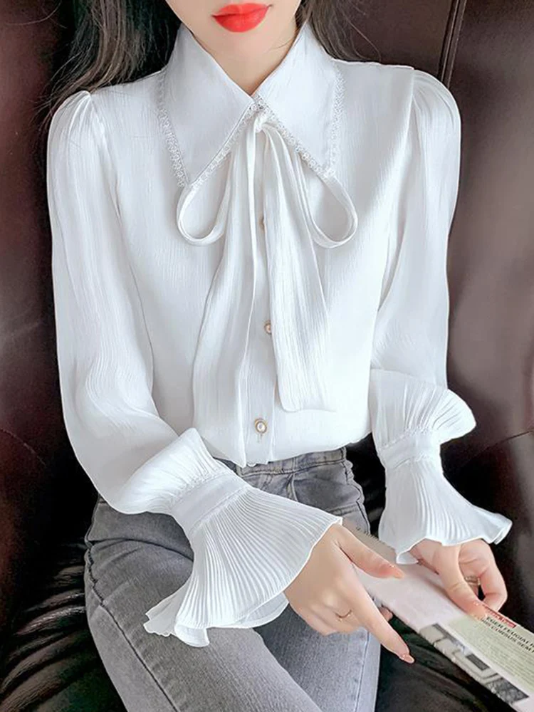 Jmprs Elegant Flare Sleeve Chic Shirt Women Sweet Fashion Bow Folds Blouse Korean Casual Office Lady Simple Spring Chiffon Tops