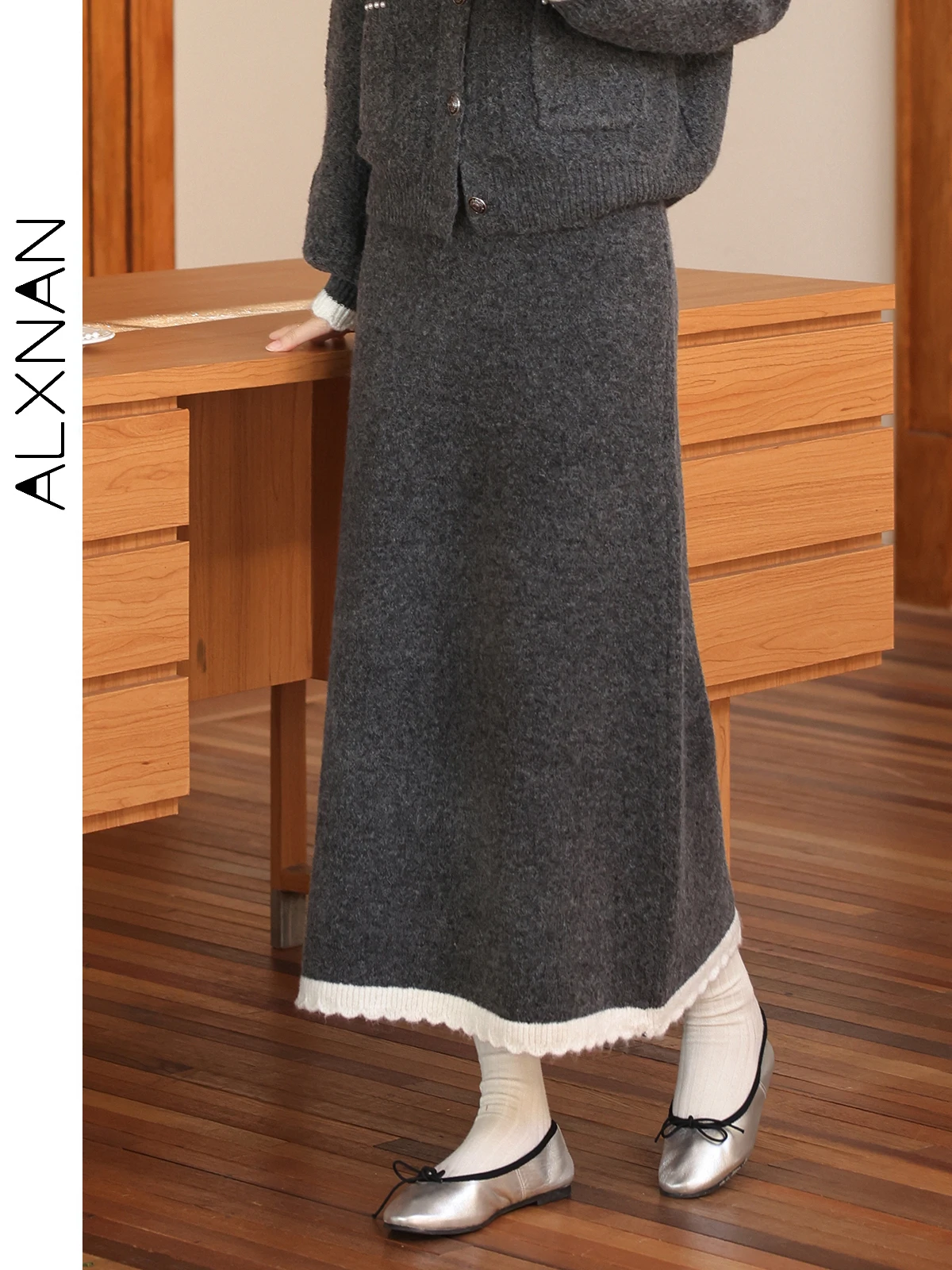 Alxnan plus size saia feminina cinza escuro a linha cintura elástica saias longas 2025 outono inverno elegante roupas femininas d08853bsq