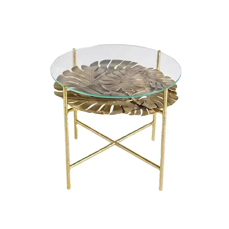 

D06Italian light luxury pure copper coffee table designer living room high-end glass leaf round corner table