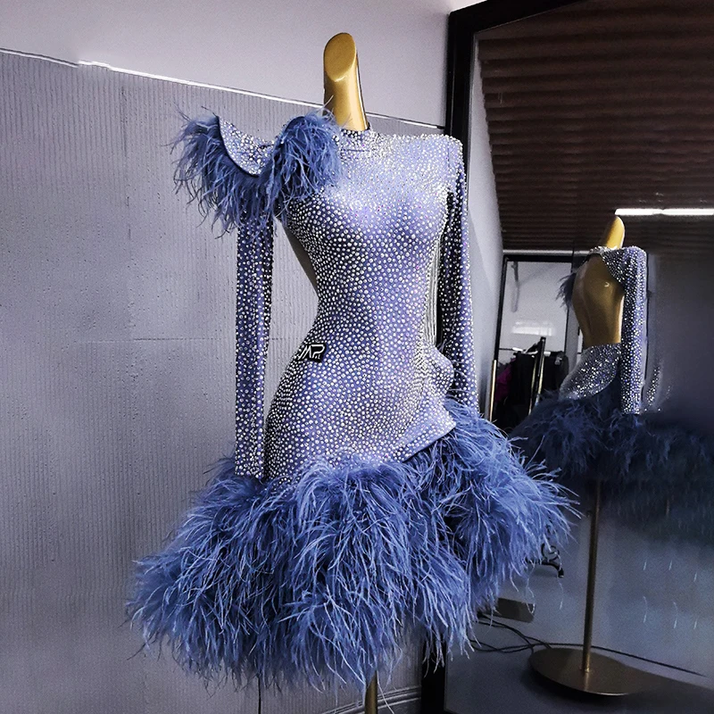 2025 High End Latin Dance Costume Women Full Rhinestone Feather Dress Competition Clothing Prom Performance Dance Dress DNV22445