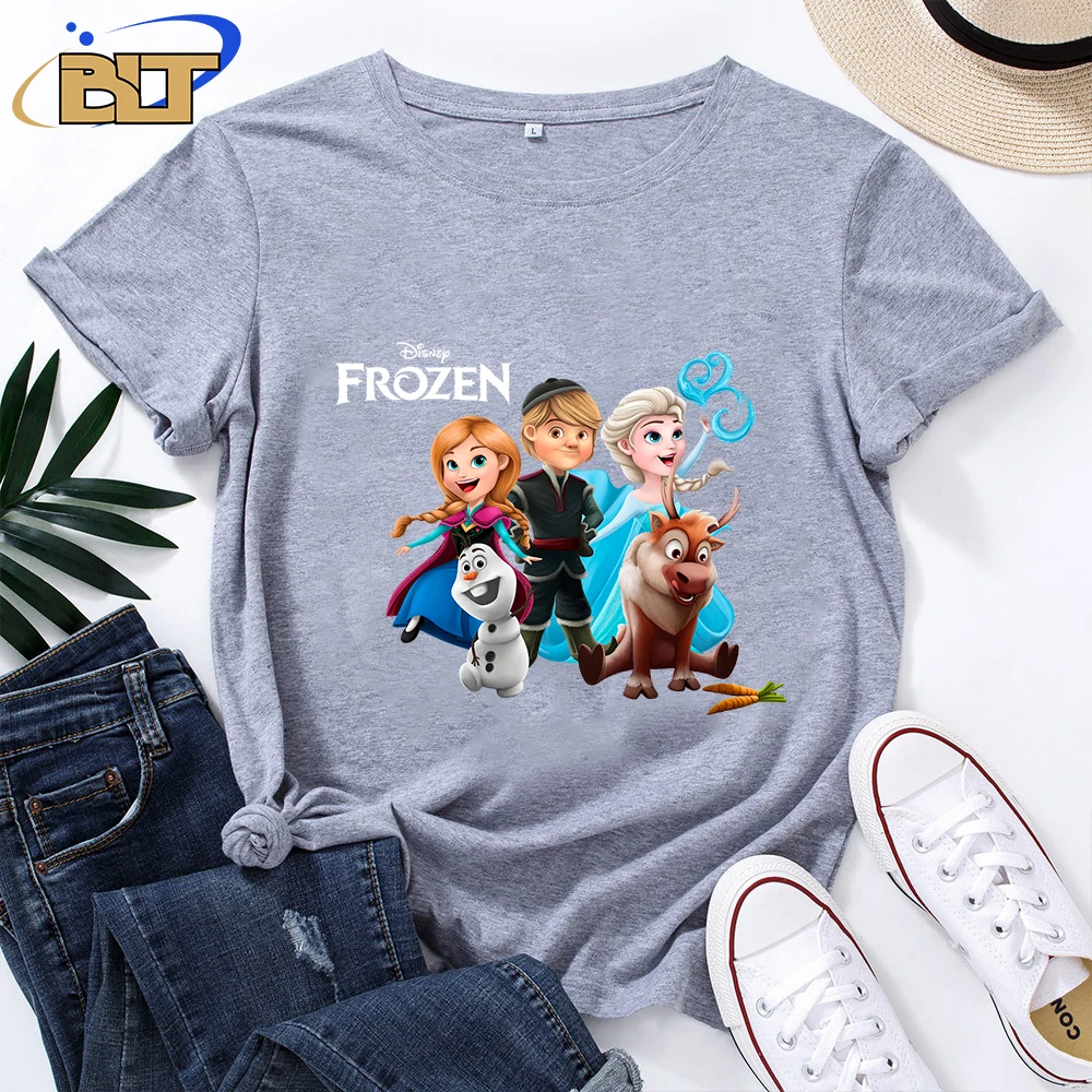 Frozen Print Women's T-shirt Casual Top Gray Cotton Short Sleeve