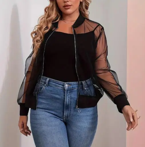 

Women's Sexy Mesh Jacket Solid Color See through Long Sleeve Baseball Collar Casual Zipper Crop 2025 Spring New