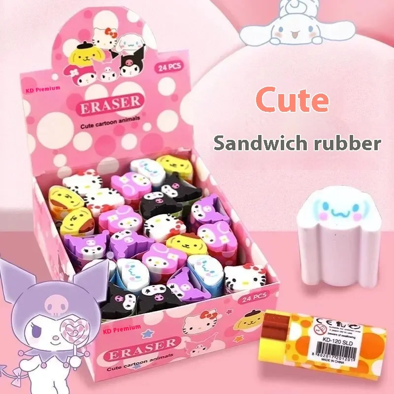 Sanrio 12/24pcs Cartoon Eraser Cute Kuromi Cinnamoroll Hello Kitty Kawaii Strip Cutable Rubber School Stationery For Children