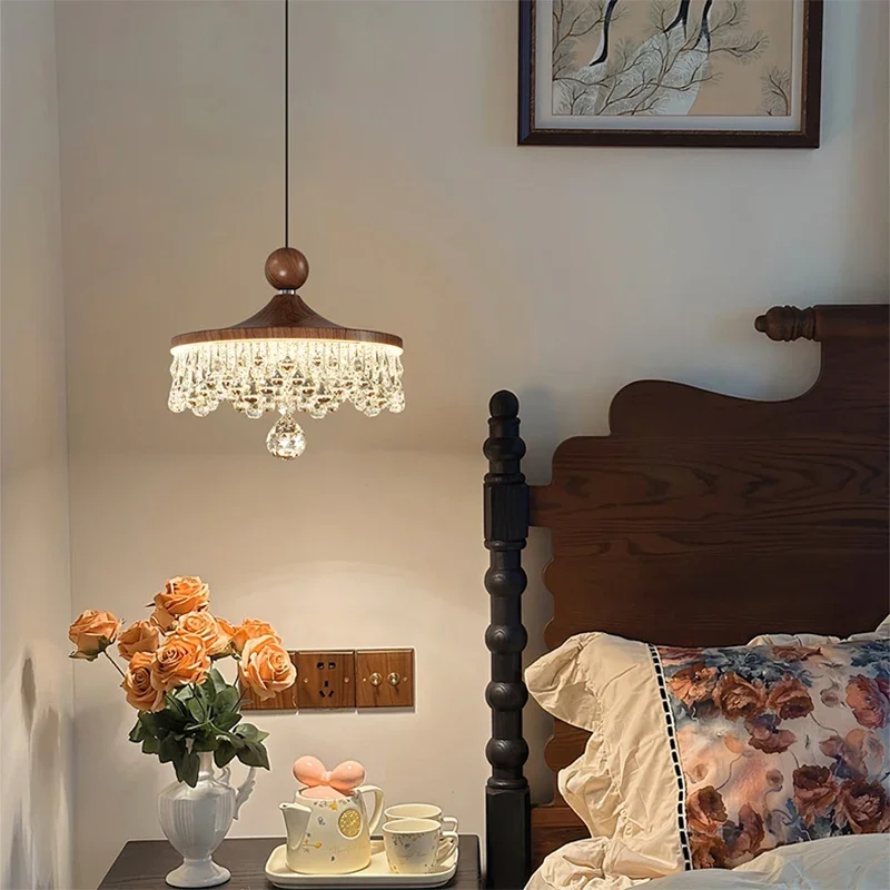 

French Medieval Style Water Drop Chandelier Retro Walnut Color Acrylic Crystal Lamp Modern Restaurant Bedroom Bedside Chandelier