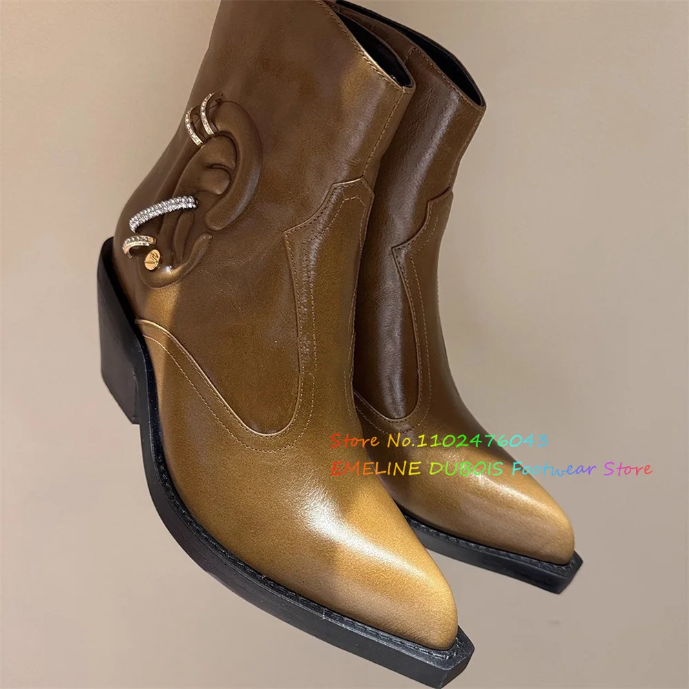 Ears Diamond Rings Decoration Chunky Heel Ankle Boot Women Pointed Toe Back Zipper Designer Brand Leather Walk Show Short Boot