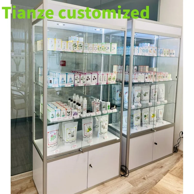 

(Customized) fashionable aluminum glass display cabinet with LED light boutique store furniture lockable glass display showcase