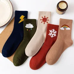 Women Socks Cotton Female Autumn Winter Weather Harajuku Sweet Sun Clouds Snowflakes Rainbow Lightning Print Calcetines Mujer