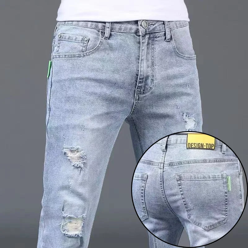

Summer Thin High-End Light Blue Men's Slim Fit Stretchy Jeans Korean Sle Trendy Ripped Denim Pants Casual Long Trousers