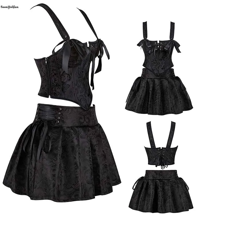 

Side Zipper Closure Floral Jacquard Lace Up Women's Gothic Corset Dress Suit Vintage Corselet Crop Top With Skirt