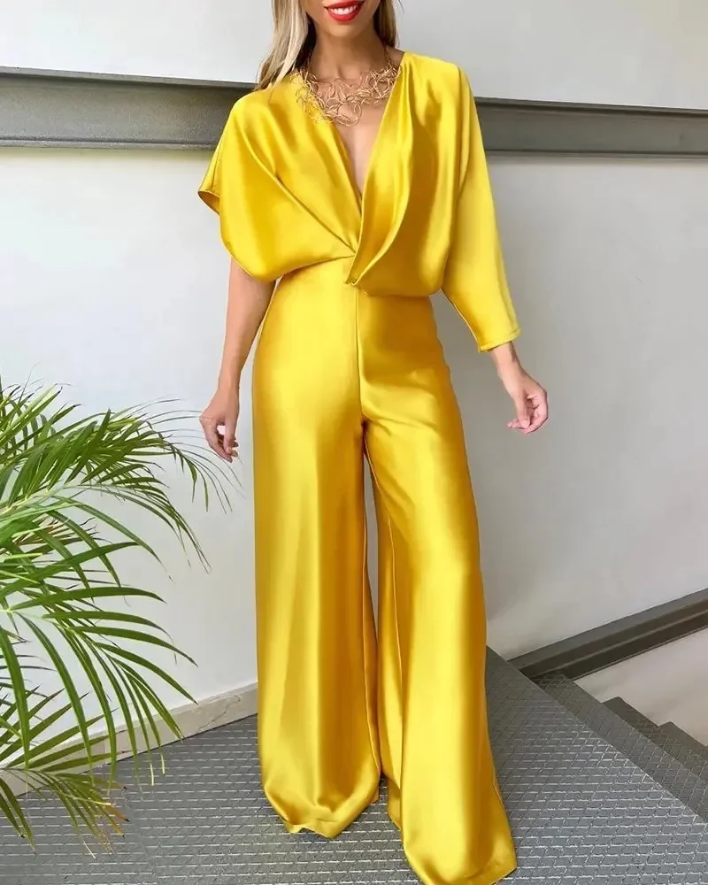 

2024 New Women's Solid Color Jumpsuit Spring Summer Adult Female V-neck Sexy Short Sleeves High Waist One-piece Suits OFE12