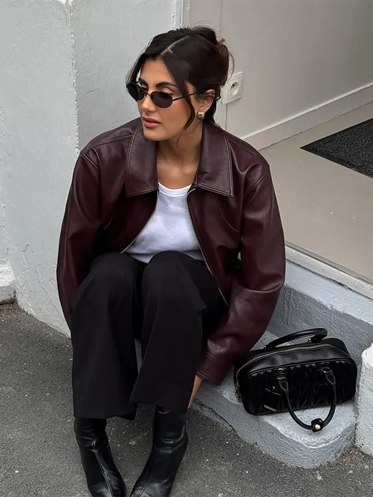 2025 Fashion Retro Solid Crop Pu Leather Jacket Women Lapel Long Sleeve Zipper Motorcycle Coat Autumn Female High Street Outwear