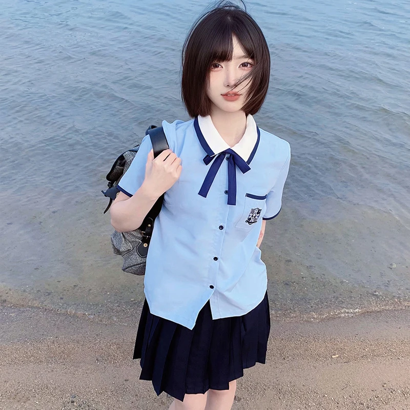 Uniforme chinês coreano jk, conjunto de manga curta para meninas, roupas de ensino médio de taiwan, camisa de marinheiro azul com saias plissadas