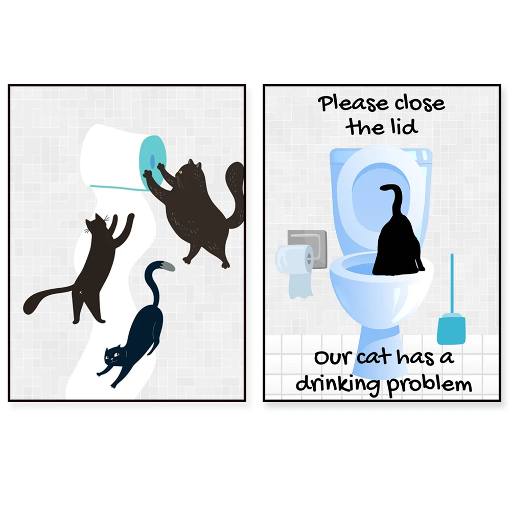 black cat quote, dog art, bathroom poster, toilet WC print, close the lid, toilet lady drinking problem, funny pet animal drink