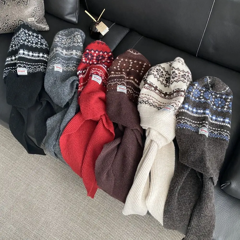 

Warm Pullover Hat Jacquard Balaclava Hat Fair Isle Style Scarf Cap Ear Protection Hat Simple Thickened Hooded Hat Outdoor