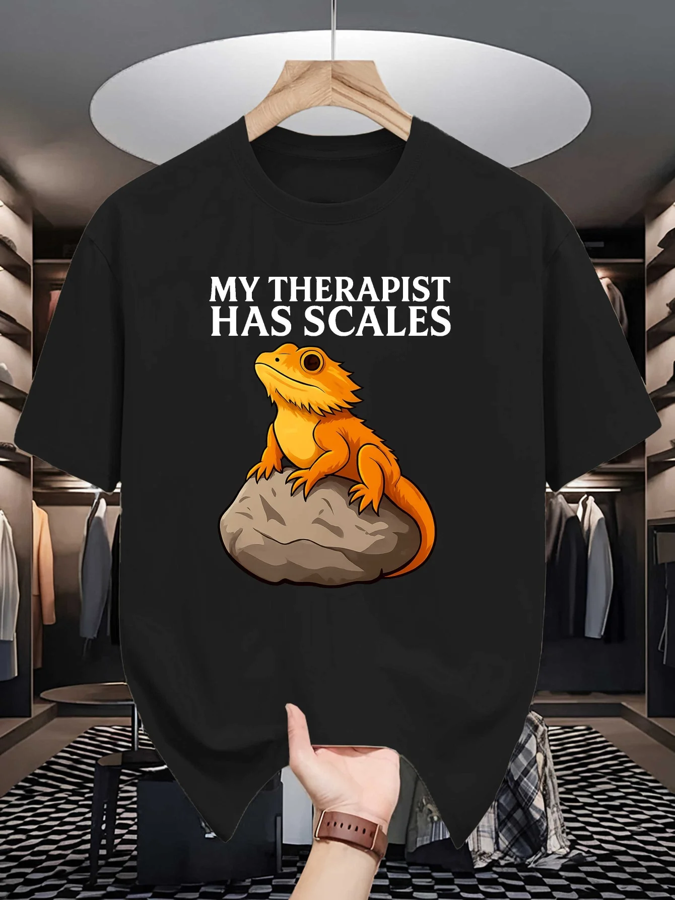 My Therapist Has Scales Print Mens Crew Neck T Shirt Bearded Dragon Lizard Graphic Short Sleeve Casual Cotton Trendy Street Tees
