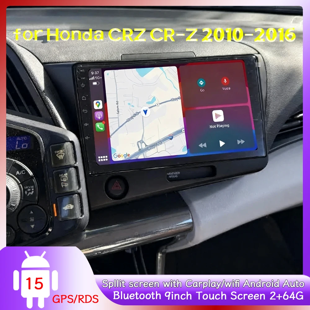 Radio estéreo de coche de 9 pulgadas para Honda CRZ CR-Z 2010-2016 unidad principal GPS Navi con Android15 Carplay Android Auto WiFi Bluetooth