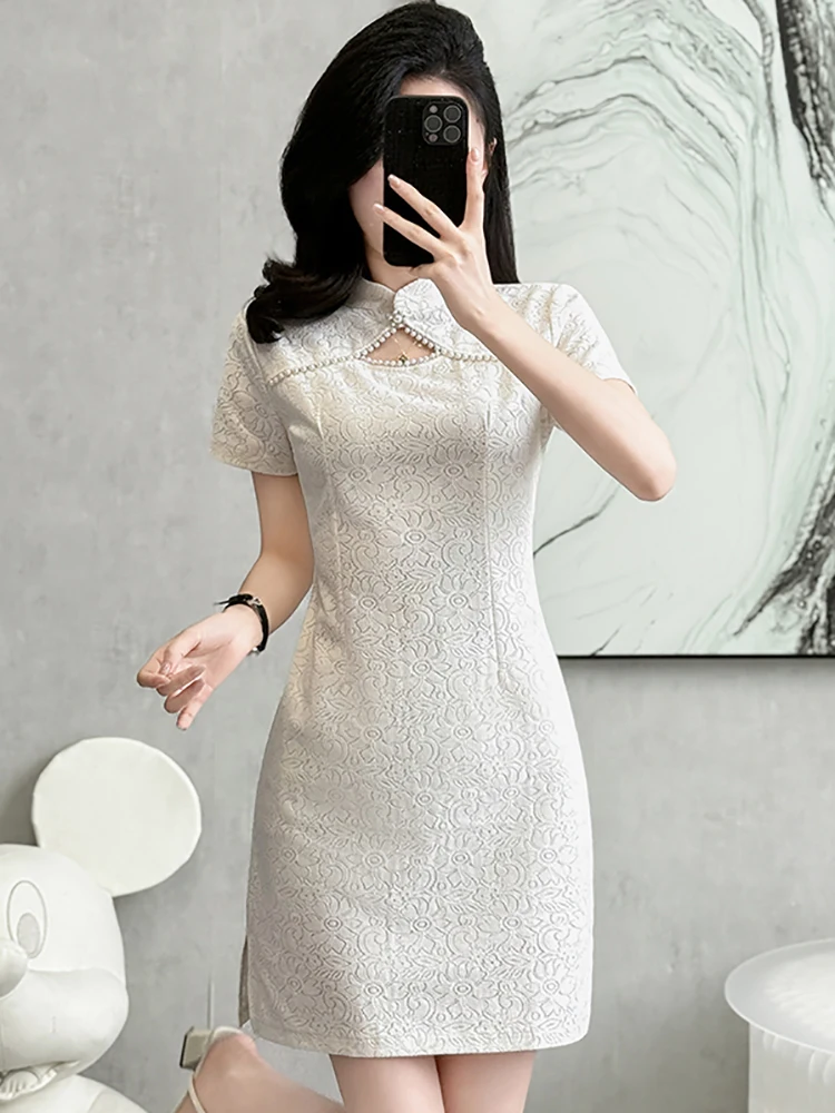 2025 ホワイトレースジャカードシックなビーズ中空アウトショートドレス女性エレガントな高級パーティードレス夏の韓国ボディコンナイトドレス