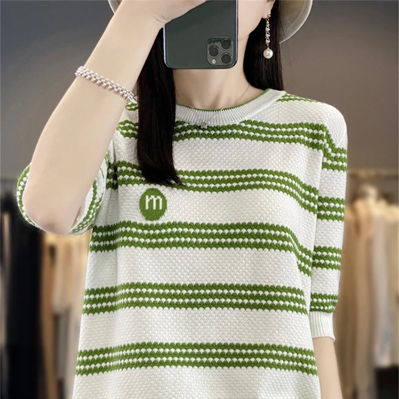 Spring And Summer New Short-Sleeved T-Shirt Women's Ice Silk Sweater Ladies Loose Thin Round Neck Striped Short Blouse