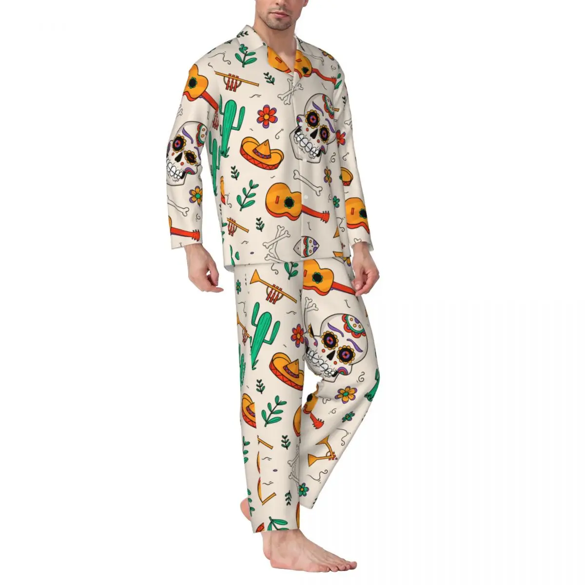 Halloween Pajamas Guitars And Mexican Skeletons Men's Winter Pajamas Set