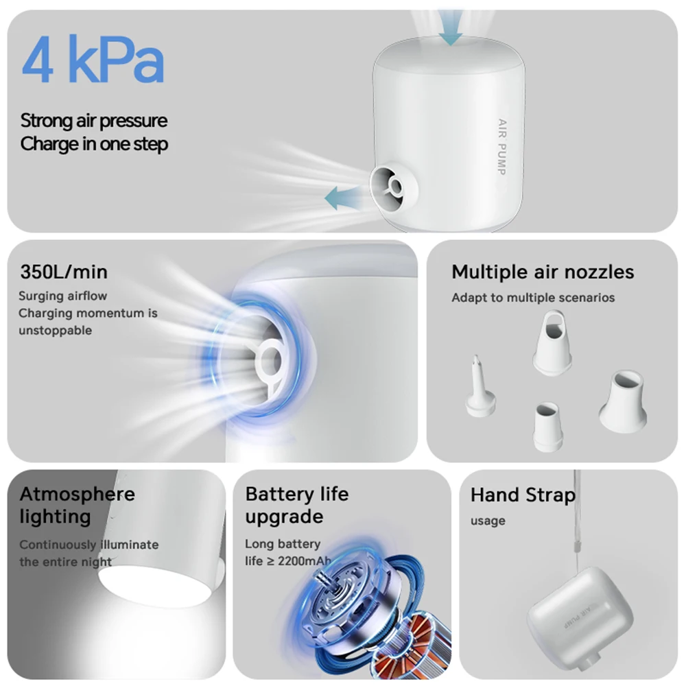 Portable Air Compressor 4Kpa Mini Inflator Air Pump ​For Outdoor Camping Mat Inflate Car Pillows With LED Lantern Outlet Nozzles