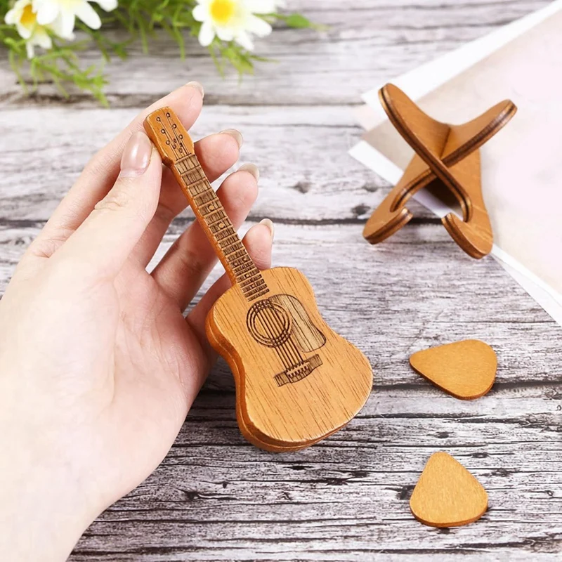 Guitar Pick Box With 6 Pcs Guitar Picks, Wooden Acoustic Guitar Pick Box For Present Music Instrument Guitar Bass