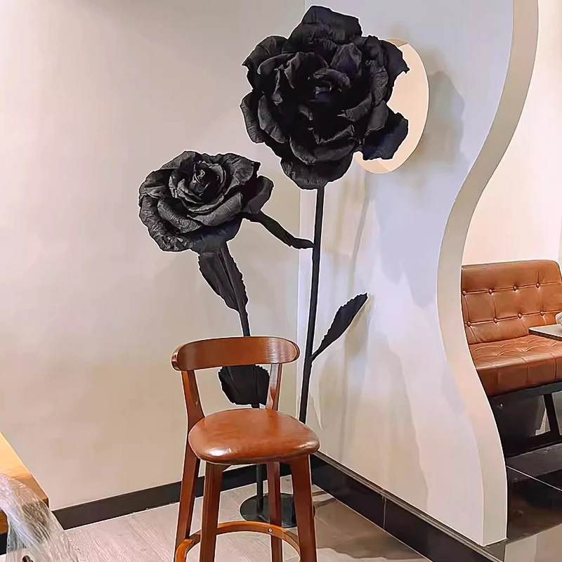 

Giant black rose paper art flower pole handmade simulated flower Internet celebrity clock in decorative window wedding