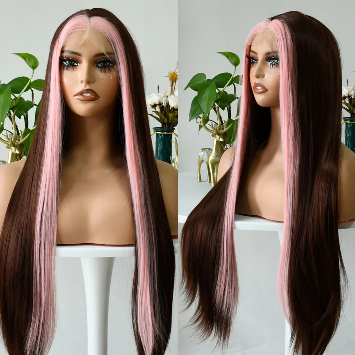 Perruque Lace Front Wig synthétique lisse à reflets bruns et roses, 13x4, HD, pre-plucked, sans colle, résistante à la chaleur au quotidien