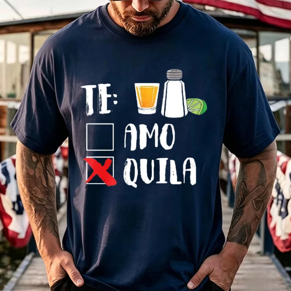 Te Amo Xquila with Drink and Lime Print Round Neck Short Sleeve T-Shirt Graphic T Shirts Men Clothing Streetwear Harajuku Tees