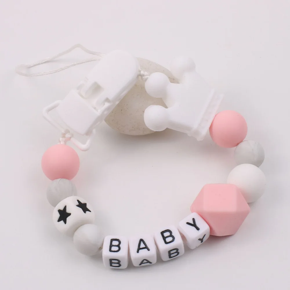 Nome personalizzato fatto a mano Clip per ciuccio per bambini Silicone Star Crown supporto per catena fittizia massaggiagengive sicuro per neonati