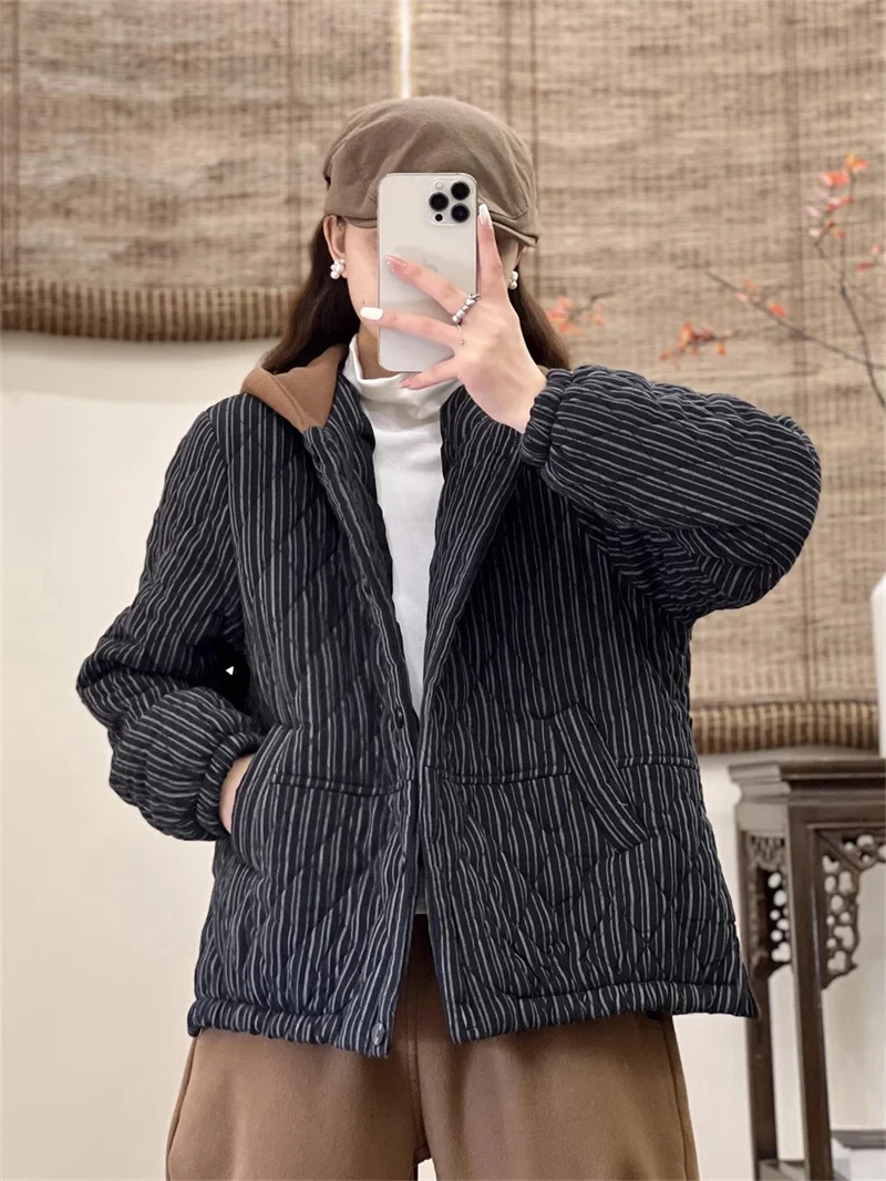 Winter Vintage Style Cotton Linen Stripe Quilted Jacket Thickened Hooded  Women\'s Loose Large Size Warm Plaid Cotton Coat Z3961