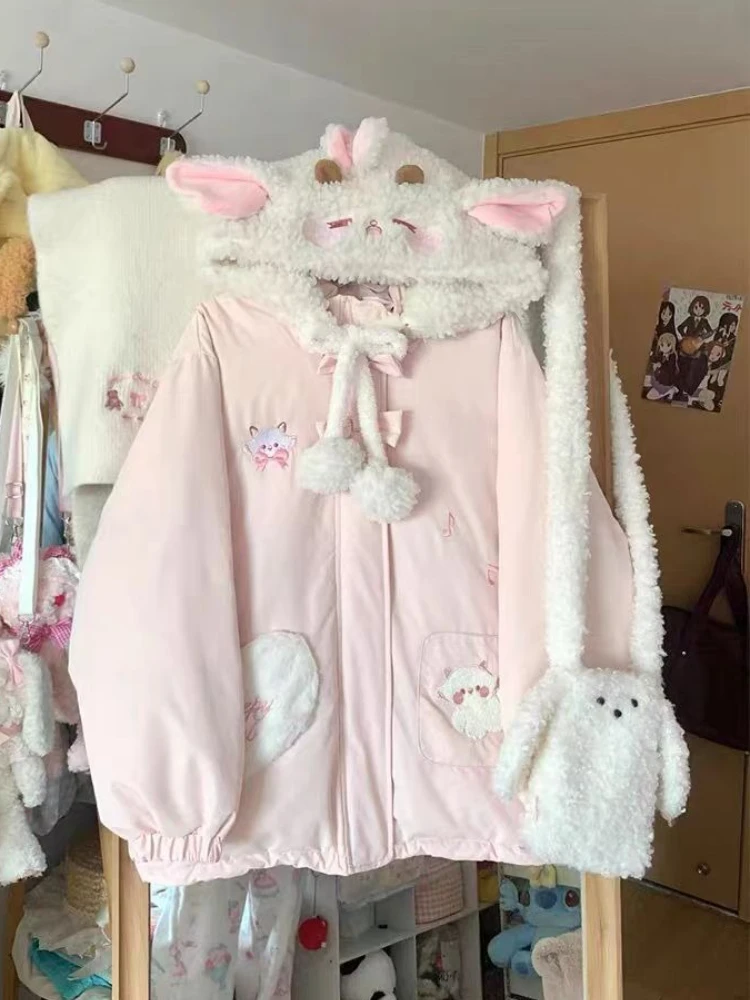 Kawaii Sweet Loose Cotton-padded Jacket Women Warm Lovely Hooded Long Sleeve Embroidery Overcoat Fashion Casual Cat Ear Coat New