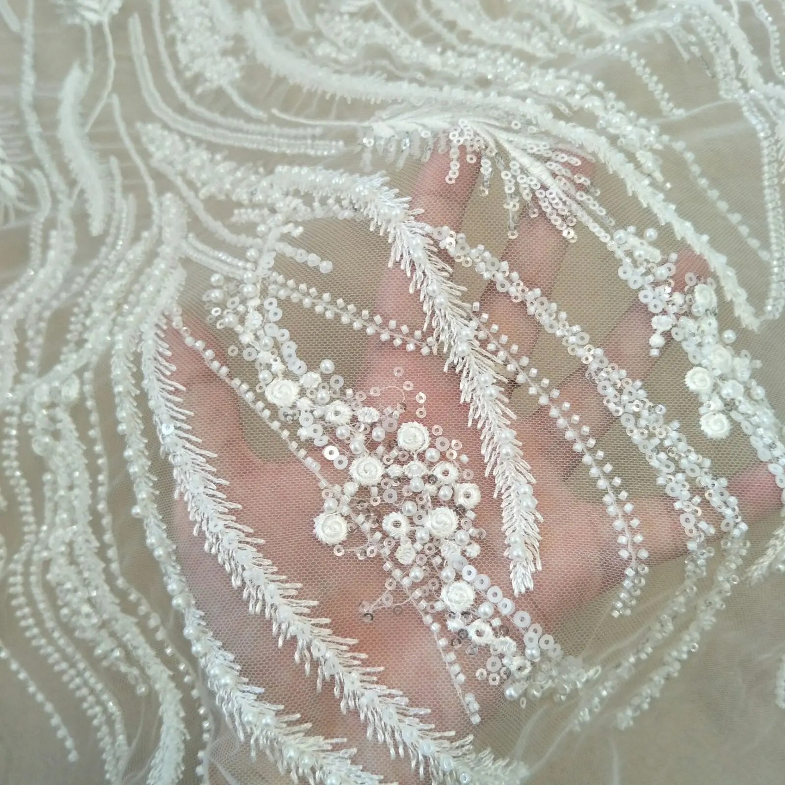 new arrival wedding gown dress lace fabric with beads and sequins lace pearls ivory lace sell by yard