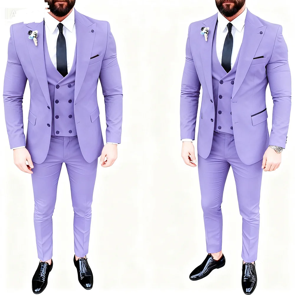 

3PCS Men's Tuxedo Suits Set with Peak Lapel Blazer Double Breasted Vest And Pants Casual Wedding Business Attire