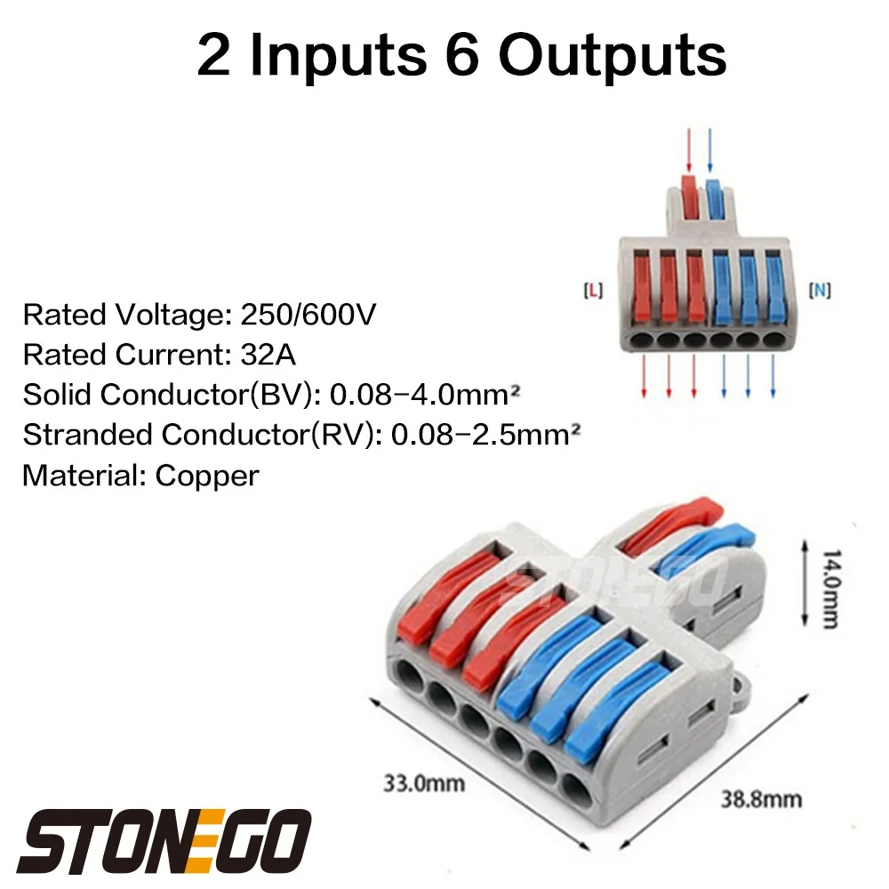 STONEGO Wire Fast Connector 2 In 4/6/8 Out Wire Splitter Terminal Compact Wiring Cable Connector image 5