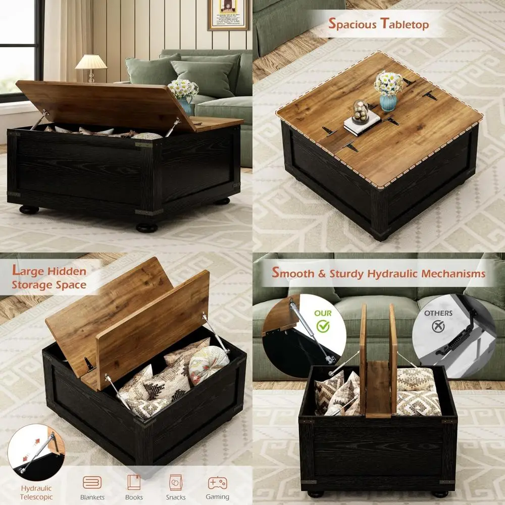 

Storage Coffee Table for Living Room, Lift Top Square Wood Gourd Feet with Hydraulic Mechanism
