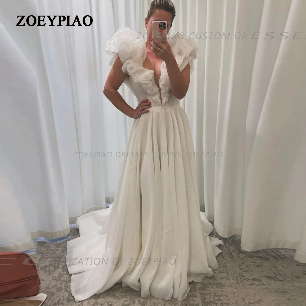 

New Organza V Neck Wedding Gowns With Sleeveless Pleated Bride Wedding Party Bridal Gowns Women Deep Veck Prom Dress 2024