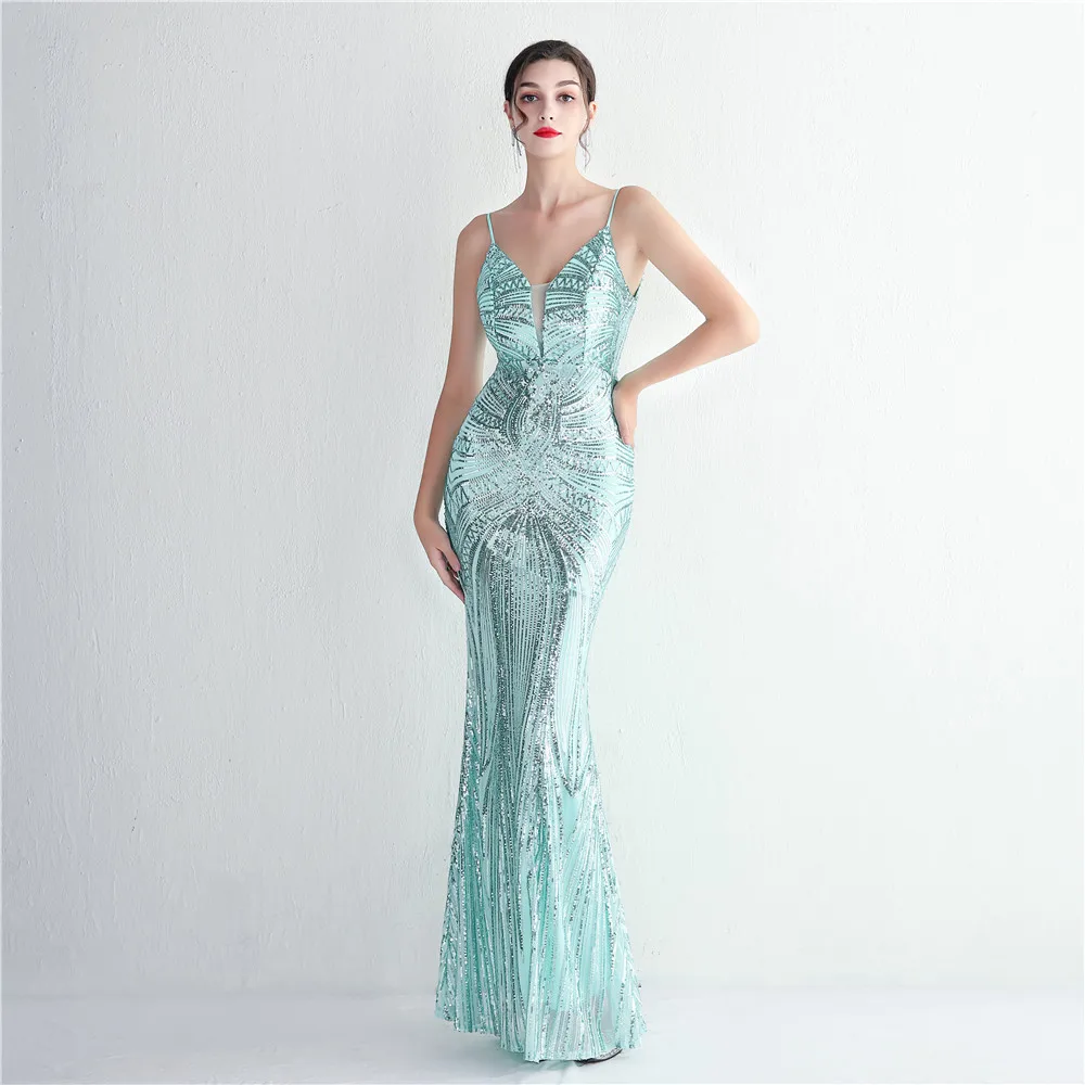 Women's Spagheggi V-Neck Sequins Sleeveless Mermaid Evening Dress