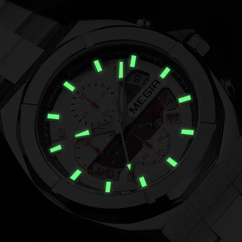 MEGIR Polygonal Case Fashion Sport Quartz Watch for Men Luxury Luminous Waterproof Chronograph Wristwatch with Auto Date 2225